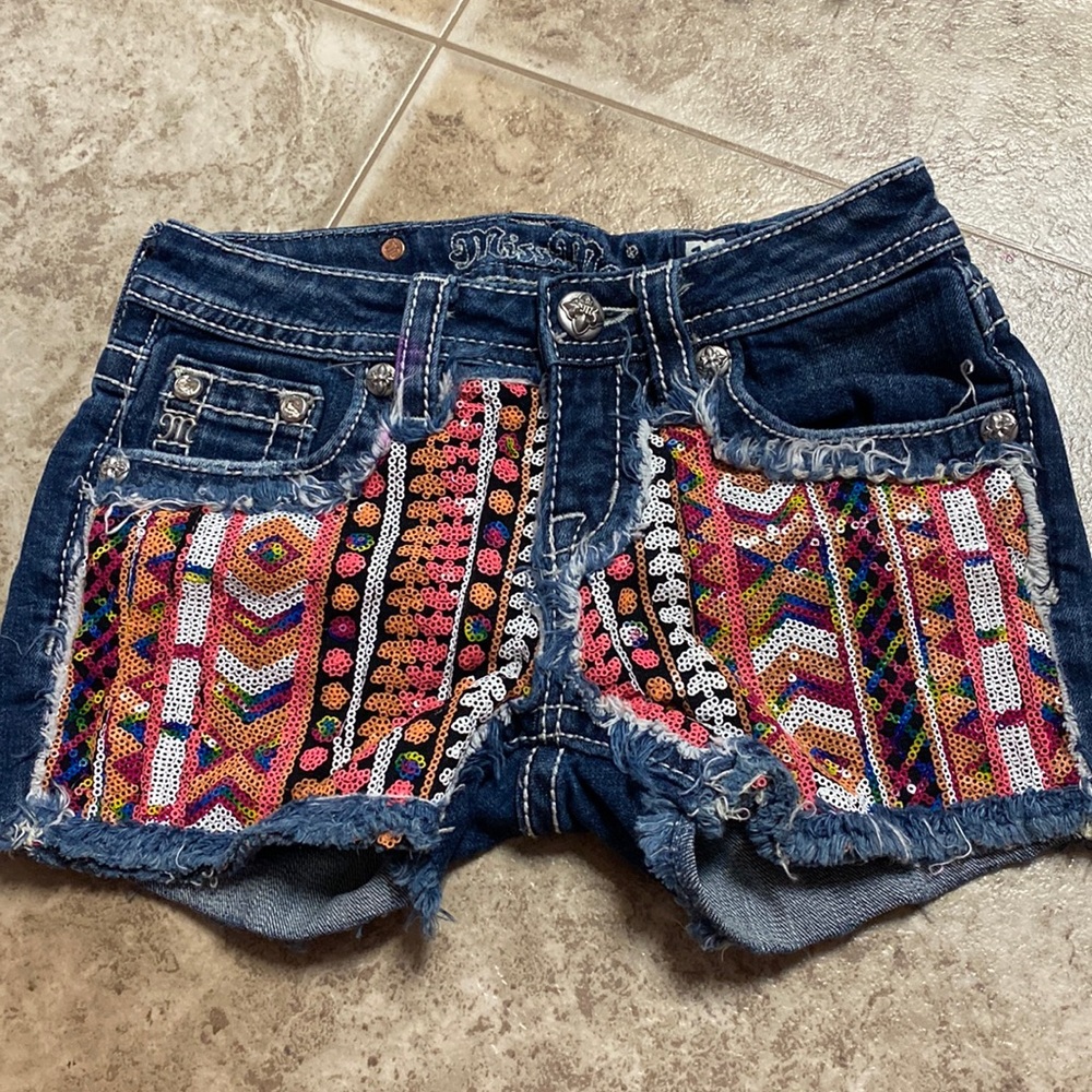 Miss Me Multicolor Sequin Aztec Denim Shorts - Blue